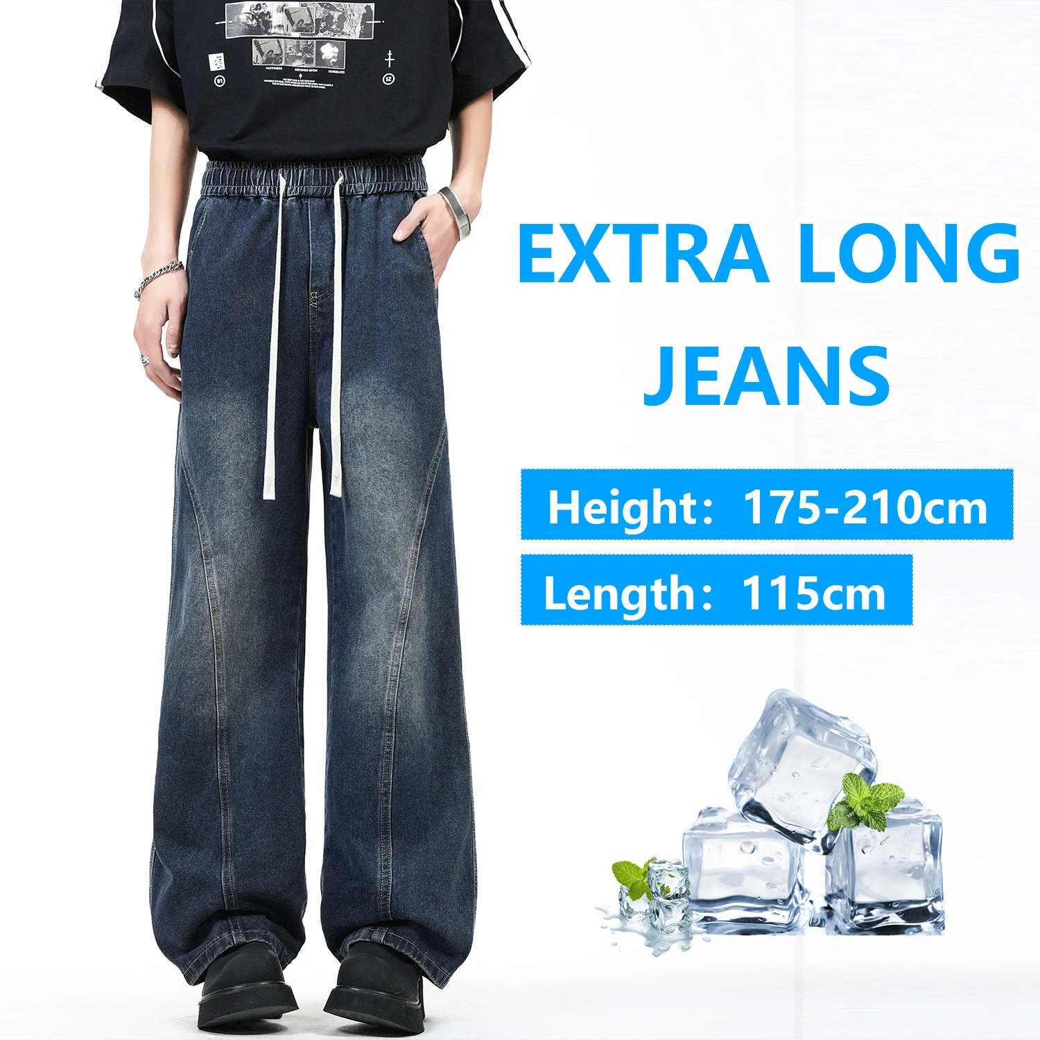 2025 nuevo verano pantalones vaqueros de pierna ancha lavados High Street 190 hombres altos cintura elástica 115CM longitud Extra larga suelta cómoda Casual