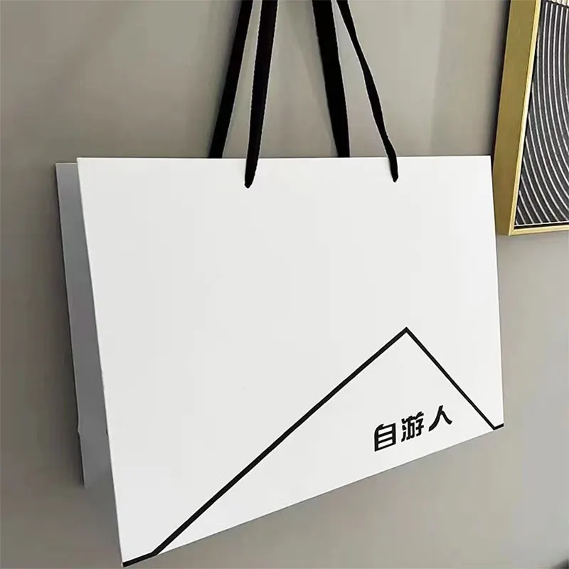 Bolsa de embalaje de compras de cartón blanco con asa de cinta de lujo personalizada, bolsas de papel impresas personalizadas con su propio logotipo, 10 Uds.