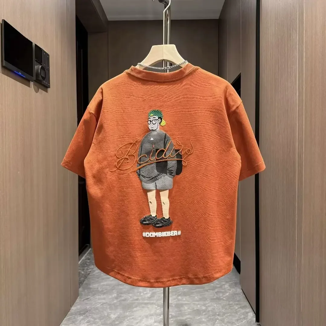 2024 Summer Trendy Fashion 3D Foam Color Drawing Embroidery Men's Short Sleeve T-Shirt Simple Round Neck Versatile Half Sleeve