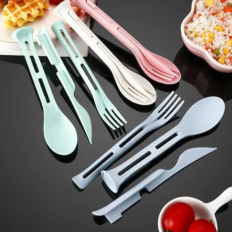 3 unids/set cortador tenedor y cuchara juego de vajilla portátil paja de trigo juego de cubiertos de Picnic para accesorios de Camping