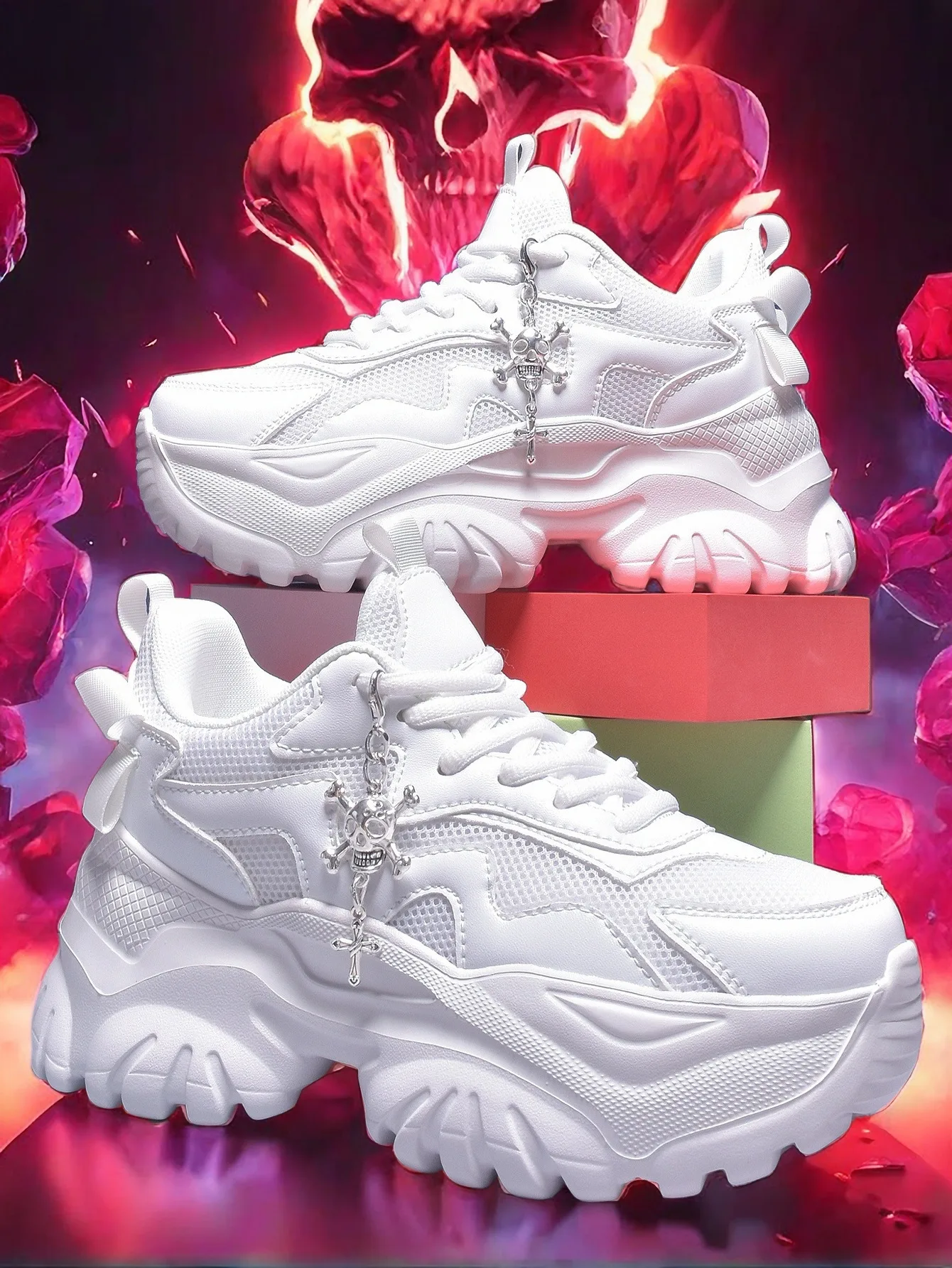 Zapatos vulcanizados informales a la moda para mujer, zapatos deportivos ligeros con plataforma blanca pura y tacones altos para mujer, estilo punk de Halloween