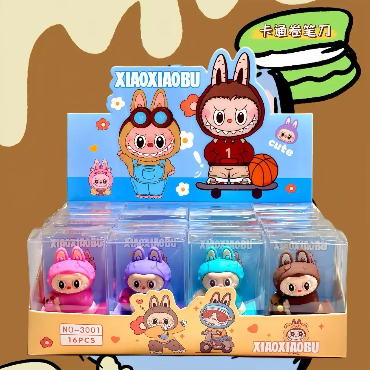 Sacapuntas de muñeca Labubu de 16 Uds., suministros escolares de dibujos animados, herramientas de afilado para estudiantes, papelería para niños, sacapuntas Kawaii al por mayor
