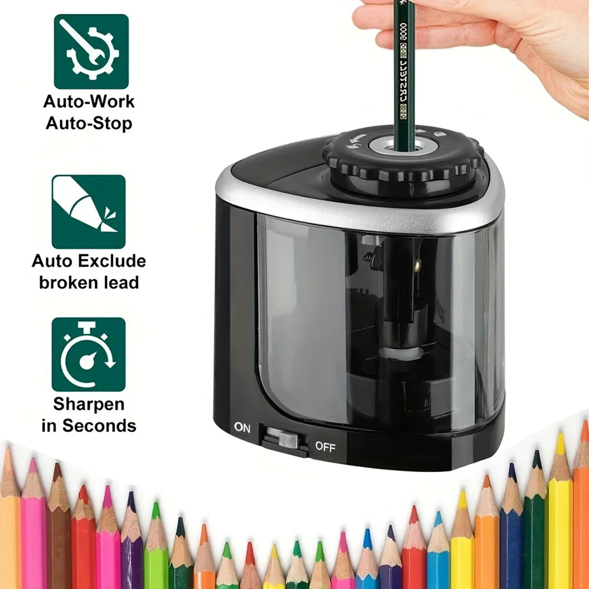 Sacapuntas eléctrico de escritorio, sacapuntas automático adecuado para lápices (6-8mm) para estudiantes, escuela, oficina, papelería