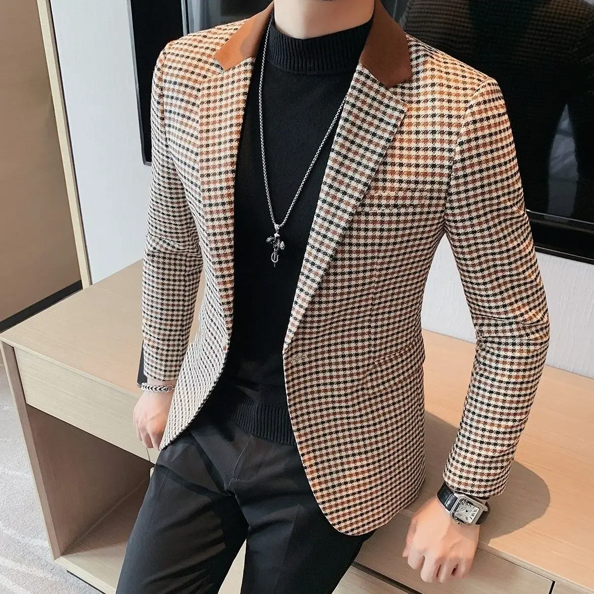 Abrigos finos y ajustados para hombre, trajes de negocios y Blazers a cuadros, ropa de primavera a la moda, chaqueta informal para caballero, novedad de 2024