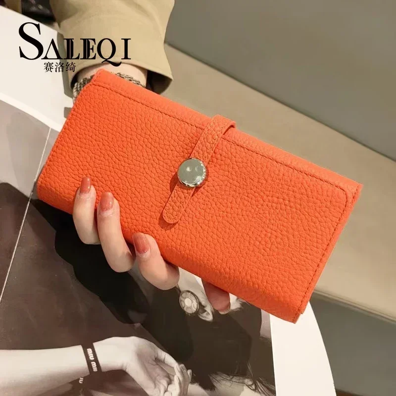 Cartera de cuero genuino para mujer, bolso de mano largo, marca de lujo a la moda, monederos para mujer, tarjetero con cremallera, bolsillo para monedas, billetera de alta calidad