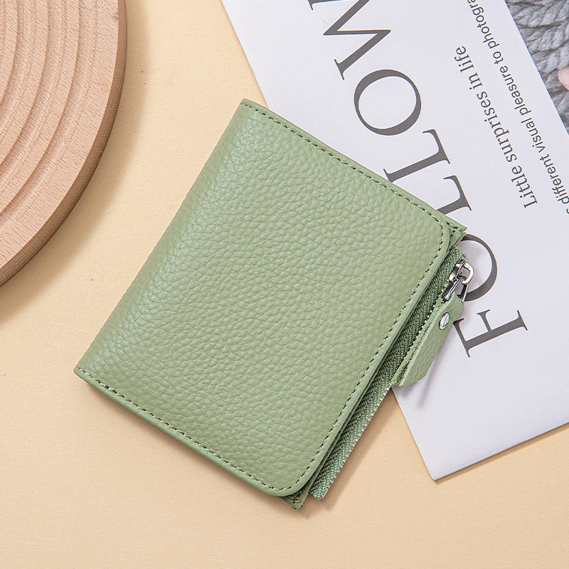 Cartera corta delgada de cuero genuino para mujer, billetera plegable con bloqueo RFID, tarjetero, billetera con clip para dinero, bolsillo para monedas con cremallera