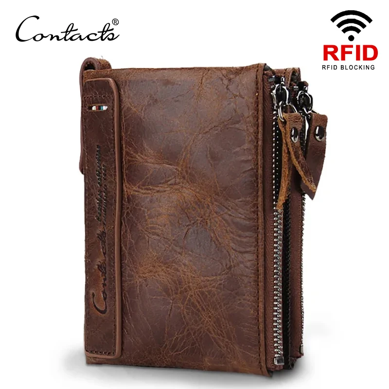 Cartera de cuero de vaca Crazy Horse genuino de CONTACT'S para hombre, monedero corto, carteras pequeñas Vintage, marca de diseñador de alta calidad