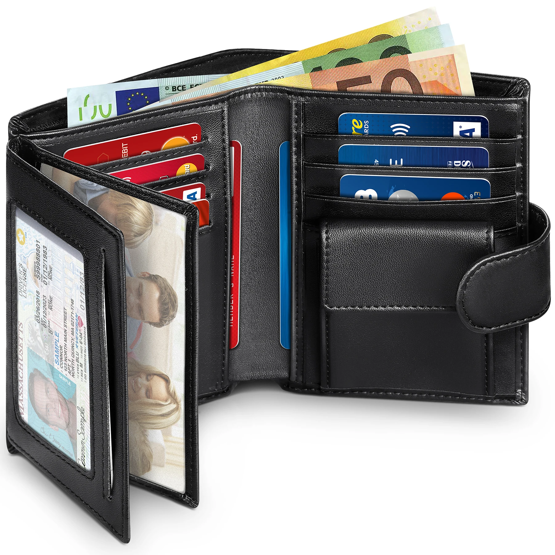 Cartera de cuero genuino para hombre, monedero de negocios, tarjetero RFID, ventana transparente, compartimento para monedas y notas bancarias, color negro