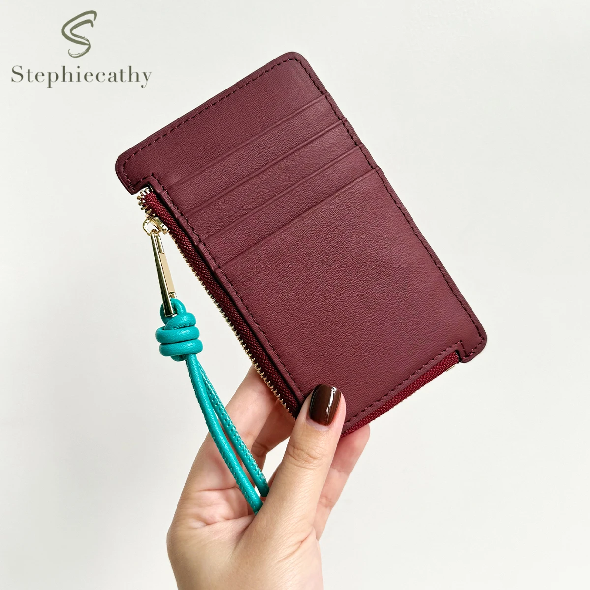 Tarjetero delgado de cuero auténtico a la moda para mujer, tarjetero con cremallera de bloque de Color, tarjetas, monedas, efectivo, monedero diario portátil, cartera pequeña
