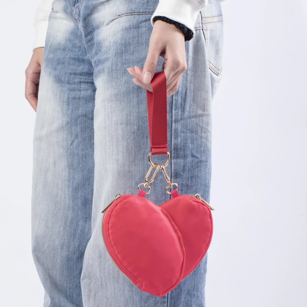 Bonita cartera rosa con forma de corazón para mujer, doble bolsa, pulsera, billetera portátil, Mini riñonera con cremallera, monedero para mujer