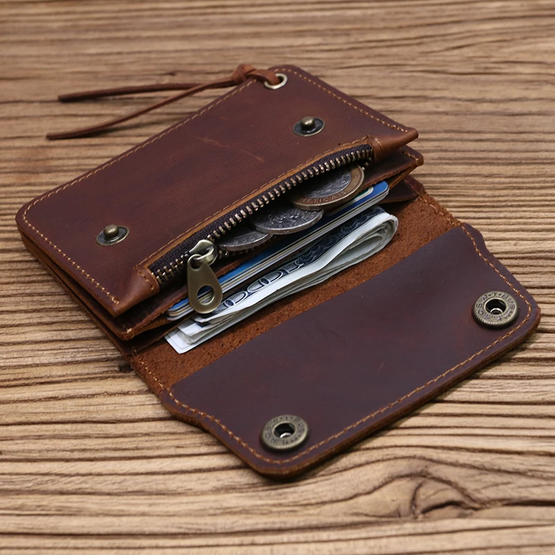 Cartera 100% de cuero genuino para hombre, cartera pequeña hecha a mano Vintage de marca para hombre, tarjetero con cremallera, monedero