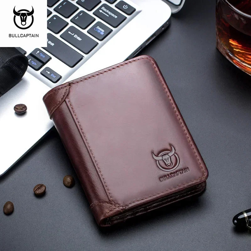 Cartera de cuero Bullcaptain RFID para hombre con monedero, cartera Retro de moda para hombre, cartera corta marrón, tarjetero, bolso de mano