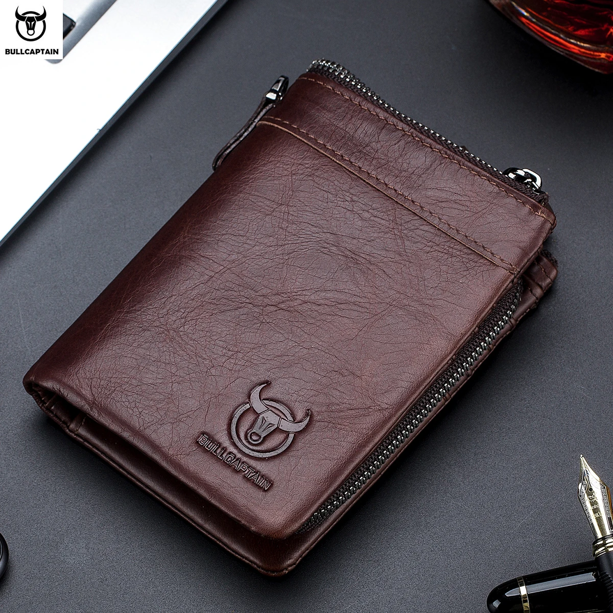 BULLCAPTAIN Cartera de cuero genuino para hombre con cremallera monedero retro tarjetero RFID para hombre