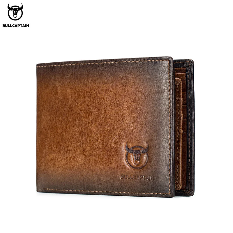 BULLCAPTAIN Cartera de cuero con bloqueo RFID para hombre, billetera delgada plegable, tarjetero multitarjeta, billetera de identificación QB 05