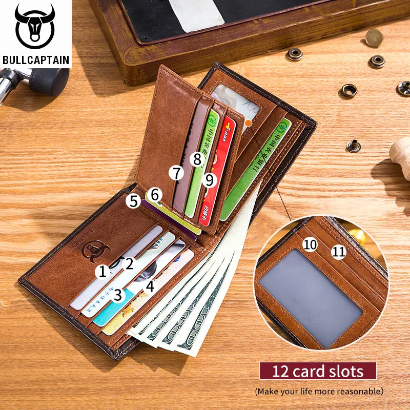 BULLCAPTAIN Cartera de cuero con bloqueo RFID para hombre, billetera delgada plegable, tarjetero multitarjeta, billetera de identificación QB 05