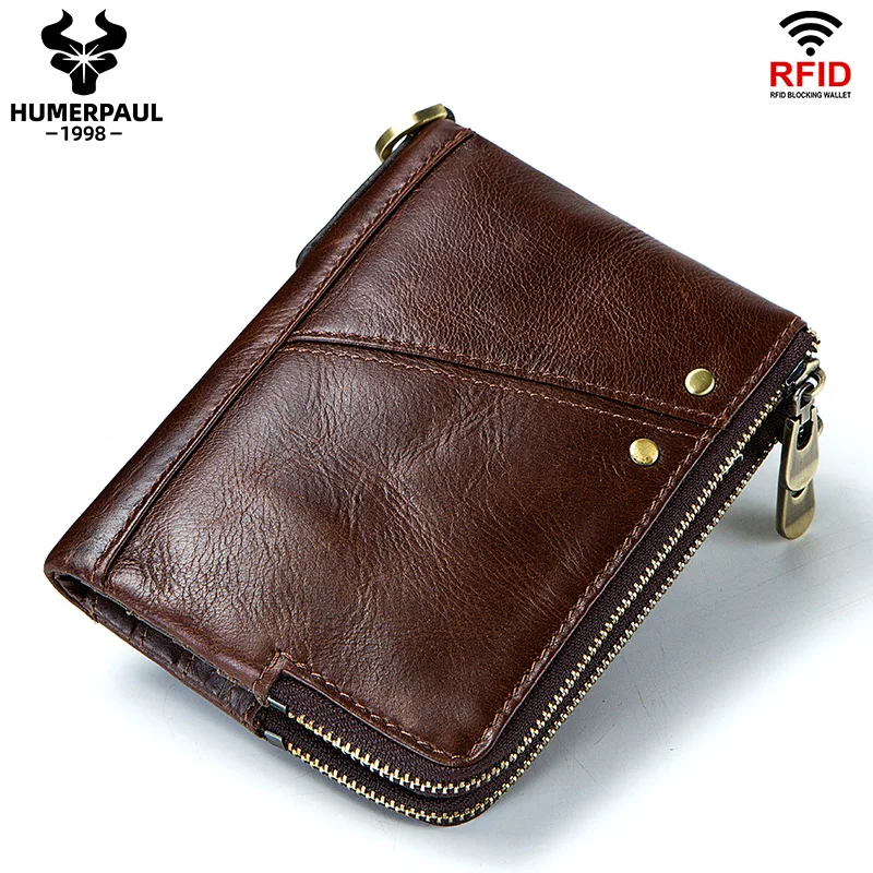 Cartera con tarjetero RFID para hombre, monedero pequeño de cuero genuino, bolsillo para monedas con doble cremallera de lujo, cartera de mano masculina de calidad