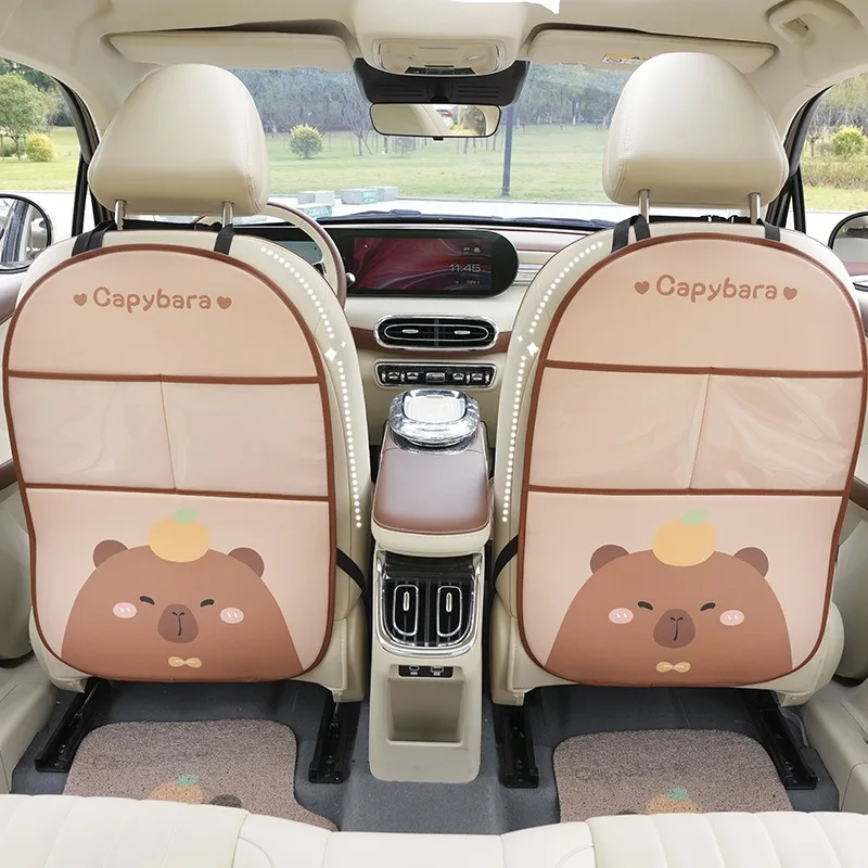 Capybara-Bolsa de almacenamiento para asiento trasero de coche, Protector para niños, almohadilla antipatadas, accesorios de cuero de dibujos animados, Interior de dibujos animados, 1 unidad