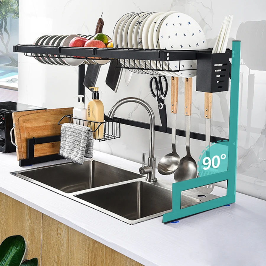 1 estante de almacenamiento de fregadero de cocina metálico, longitud extensible, estante de almacenamiento de tazón, cuchillo