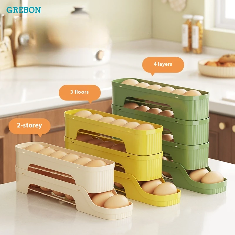 Caja de almacenamiento de huevos multicapa, dispensador de soporte para huevos, tobogán rodante automático, puerta de refrigerador, caja para verduras laterales, almacenamiento de cocina