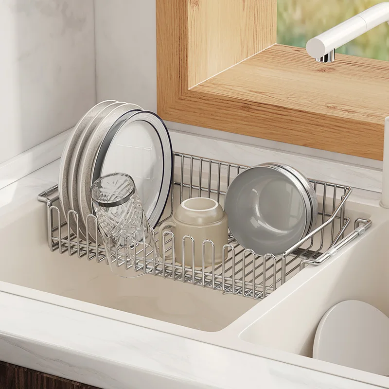 Accesorios de cocina, plato de fregadero escalable, soporte para cuencos de almacenamiento, escurridor de secado de platos de cocina de acero inoxidable 304, estantes organizadores