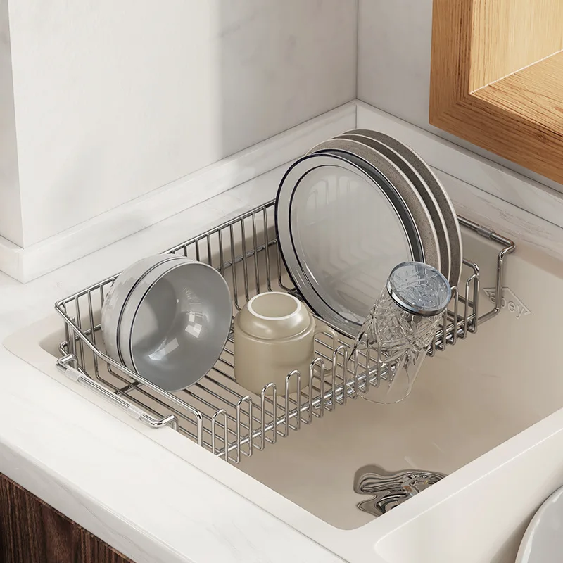 Accesorios de cocina, plato de fregadero escalable, soporte para cuencos de almacenamiento, escurridor de secado de platos de cocina de acero inoxidable 304, estantes organizadores