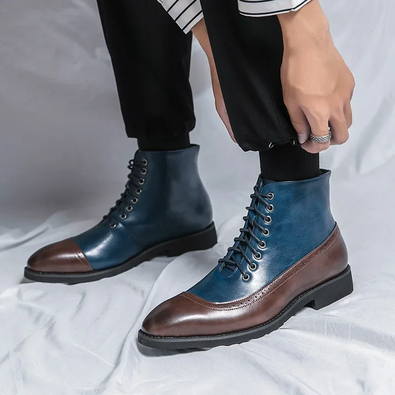 Botas altas de retales a la moda para hombre, tacones de aguja para desfile de moda, botas de cuero de estilo romano para otoño, talla grande, estilo británico