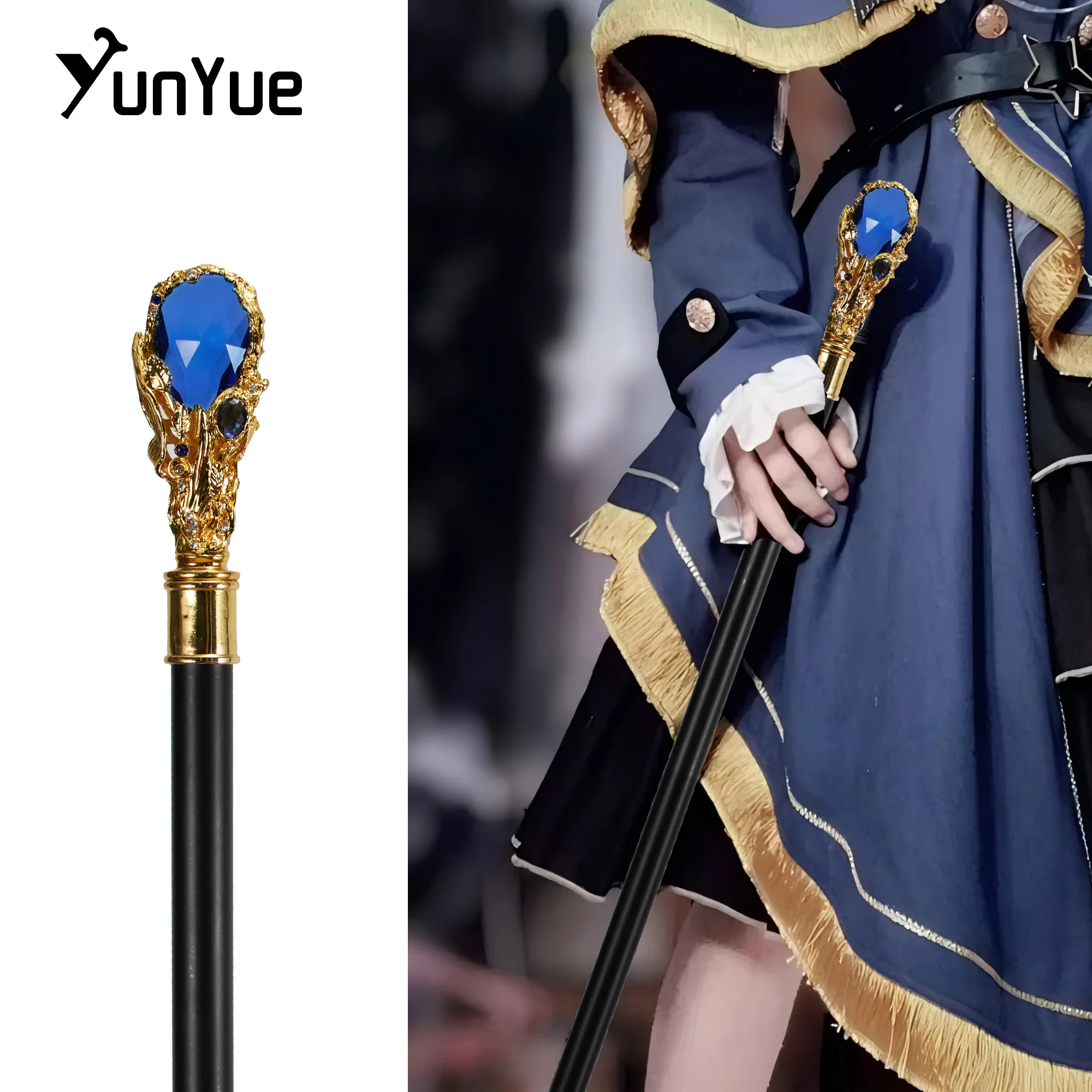 Bastón para caminar tipo diamante dorado y azul de lujo, bastón decorativo de moda aristocrática para caballero, perilla de bastón para Cosplay elegante 93