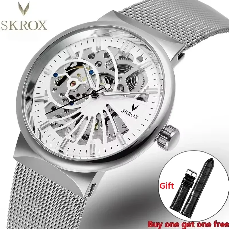 Reloj ultrafino de marcas de lujo de alta gama para hombre, relojes de pulsera elegantes mecánicos con esqueleto para hombre, reloj de movimiento Manual, regalo gratis