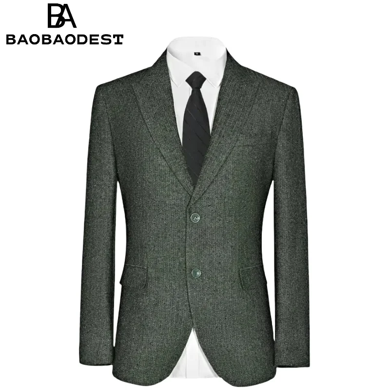 Blazer para hombre, chaqueta Formal Vintage de Tweed, mezcla de lana en espiga, abrigos deportivos con solapa de 2 botones para hombre, boda, graduación