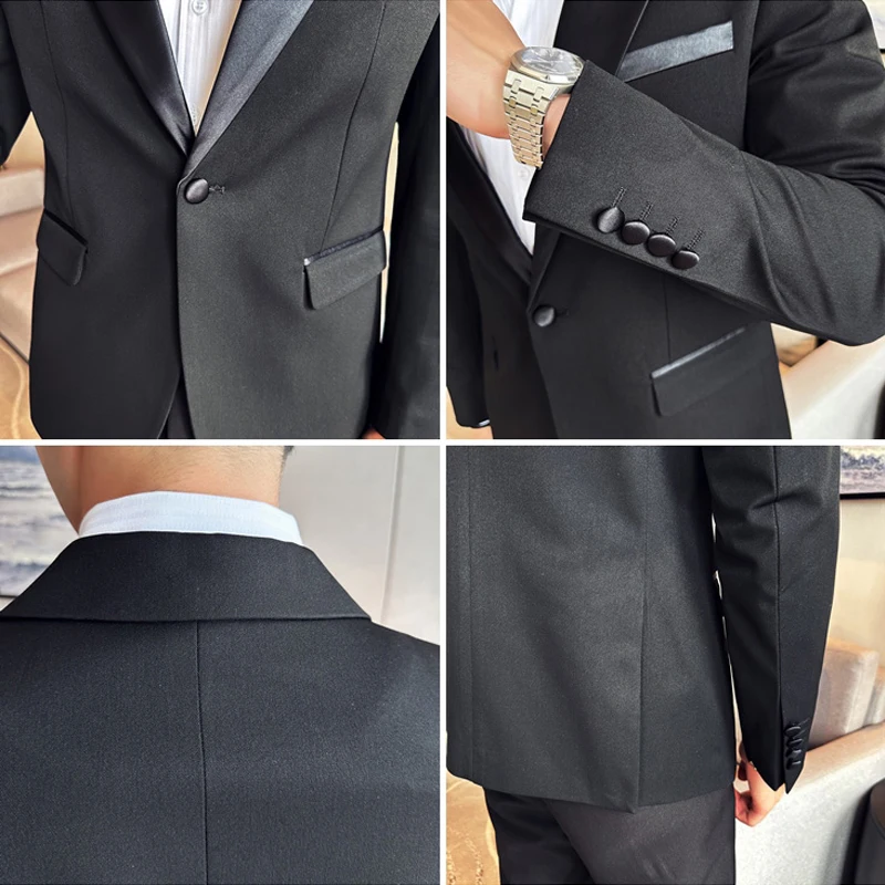 (Chaqueta + chaleco + Pantalones) Boutique de marca de alta gama, moda informal para hombre, traje para fumar negro de negocios, vestido de boda para novio, esmoquin