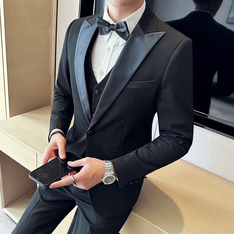 (Chaqueta + chaleco + Pantalones) Boutique de marca de alta gama, moda informal para hombre, traje para fumar negro de negocios, vestido de boda para novio, esmoquin