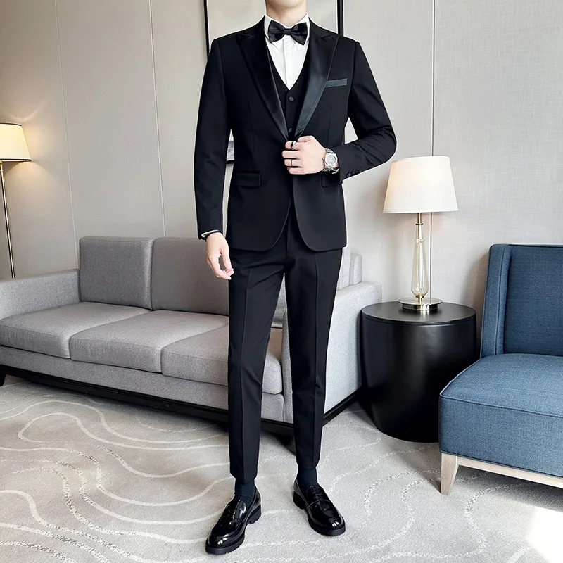 (Chaqueta + chaleco + Pantalones) Boutique de marca de alta gama, moda informal para hombre, traje para fumar negro de negocios, vestido de boda para novio, esmoquin