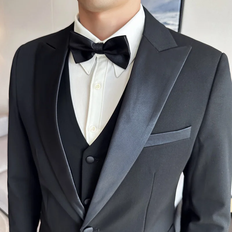 (Chaqueta + chaleco + Pantalones) Boutique de marca de alta gama, moda informal para hombre, traje para fumar negro de negocios, vestido de boda para novio, esmoquin