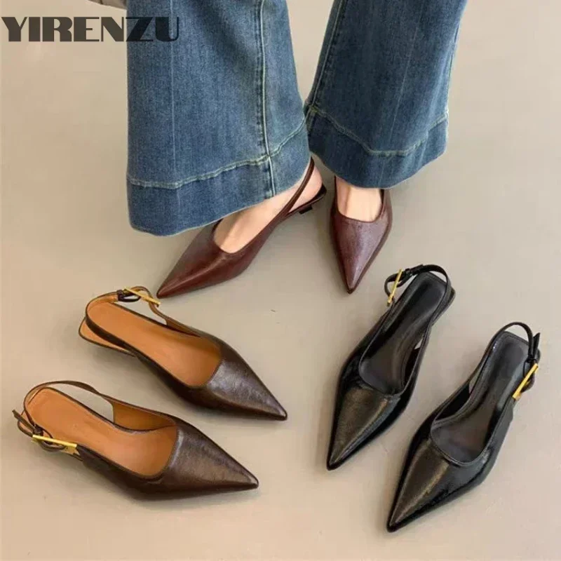 2025 negro novedad de verano sandalia de mujer moda puntiaguda poco profunda Slip on señoras elegantes Slingback zapatos finos vestido de tacón medio mulas
