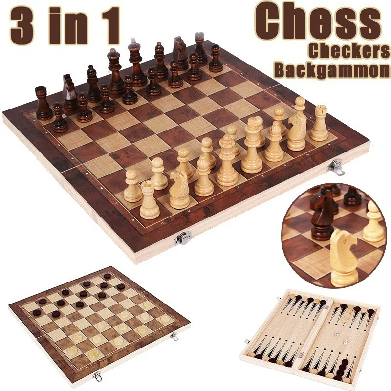 Ajedrez internacional plegable, juego de ajedrez de madera 3 en 1, juguete educativo, juego de mesa de entrenamiento cerebral, piezas de ajedrez de madera de alta gama
