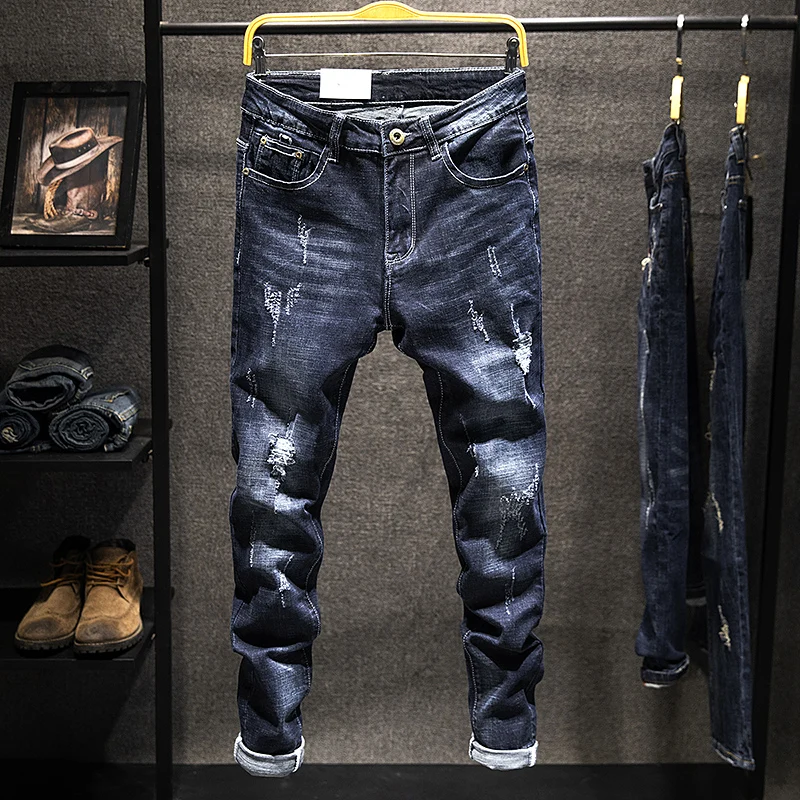 2024 nuevos pantalones vaqueros rasgados para hombres pantalones vaqueros ajustados algodón estilo coreano moda elasticidad versátil azul negro ropa de hombre
