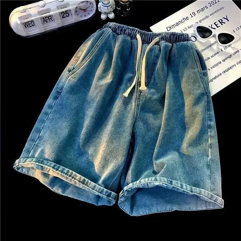 103852-1pmyj8.jpg 2024 nueva moda estilo de Hong Kong Ins Retro lavado versátil pantalones cortos de mezclilla transpirables High Street cordón suelto de cinco puntos