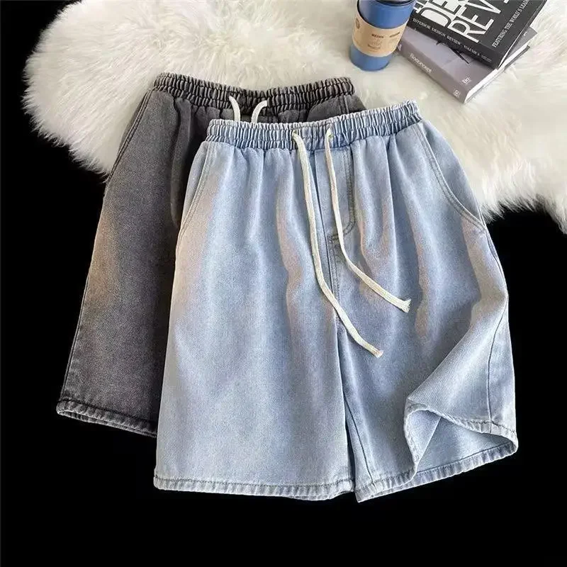 103852-uazvd6.jpg 2024 nueva moda estilo de Hong Kong Ins Retro lavado versátil pantalones cortos de mezclilla transpirables High Street cordón suelto de cinco puntos