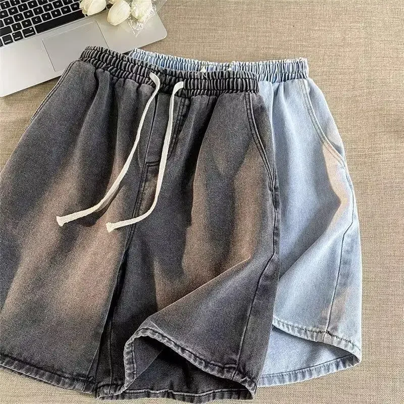 2024 nueva moda estilo de Hong Kong Ins Retro lavado versátil pantalones cortos de mezclilla transpirables High Street cordón suelto de cinco puntos