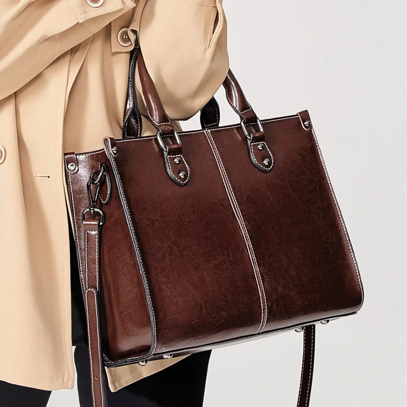 Bolso de mano para mujer, bolso grande de hombro cruzado, bolso de compras de cuero genuino, moda de oficina, bandolera Cuero de vaca Real para mujer, bolsos con asa superior