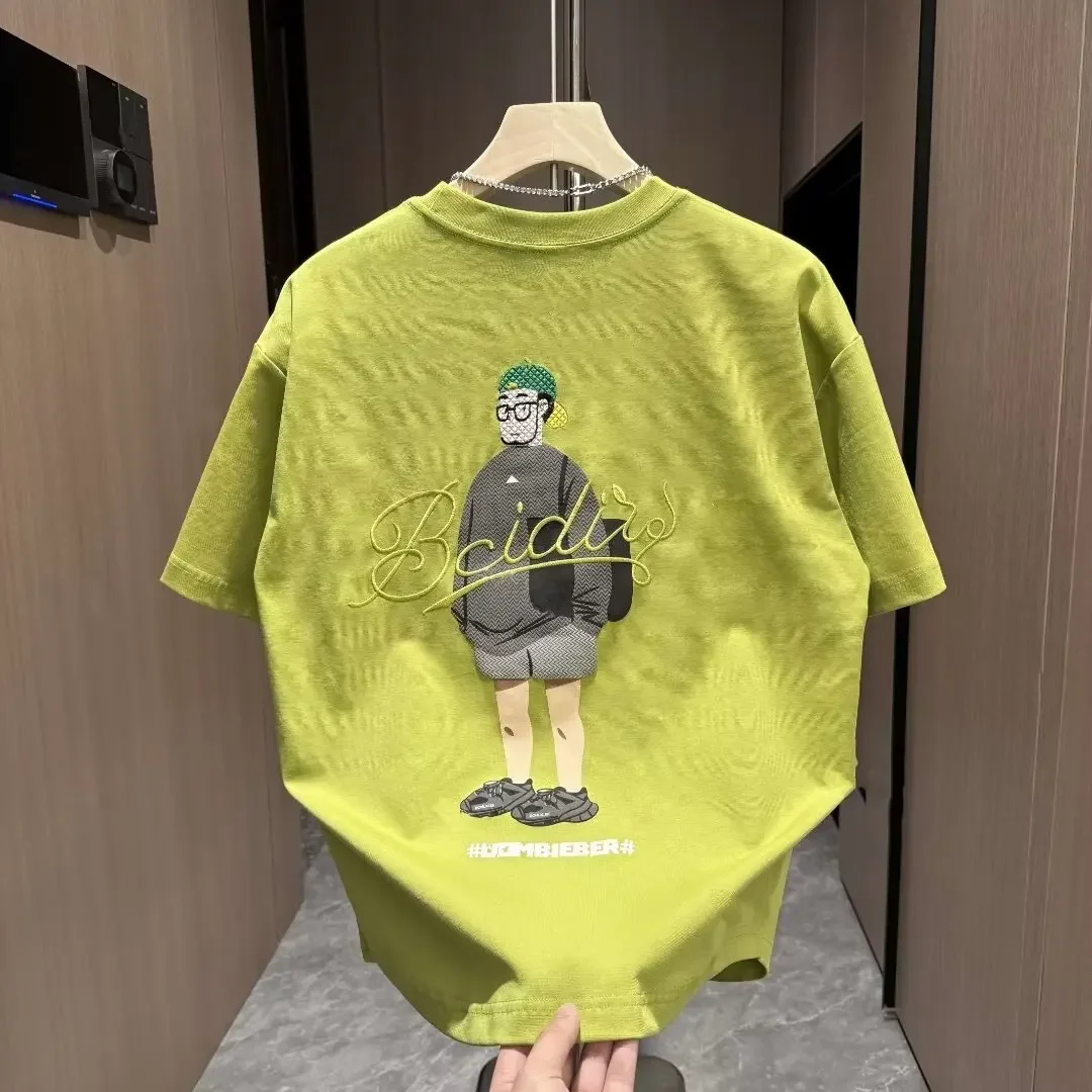 2024 Summer Trendy Fashion 3D Foam Color Drawing Embroidery Men's Short Sleeve T-Shirt Simple Round Neck Versatile Half Sleeve