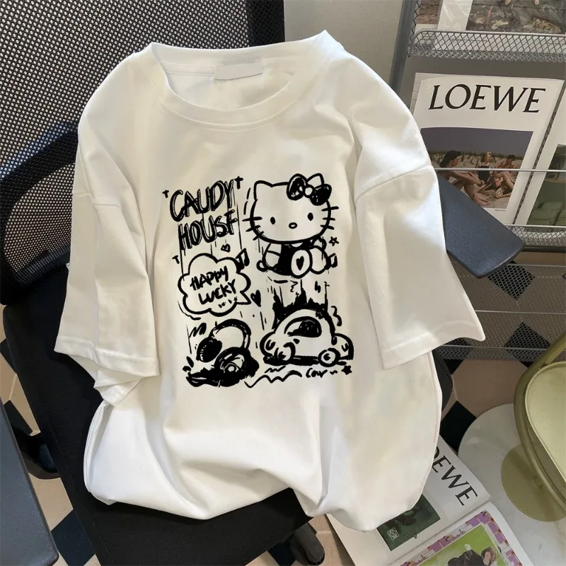 (Miniso) Camiseta con diseño de estampado de gato de Hello Kitty, versión holgada para mujer, ropa informal de verano para mujer, Top de manga corta Y2k de calle alta