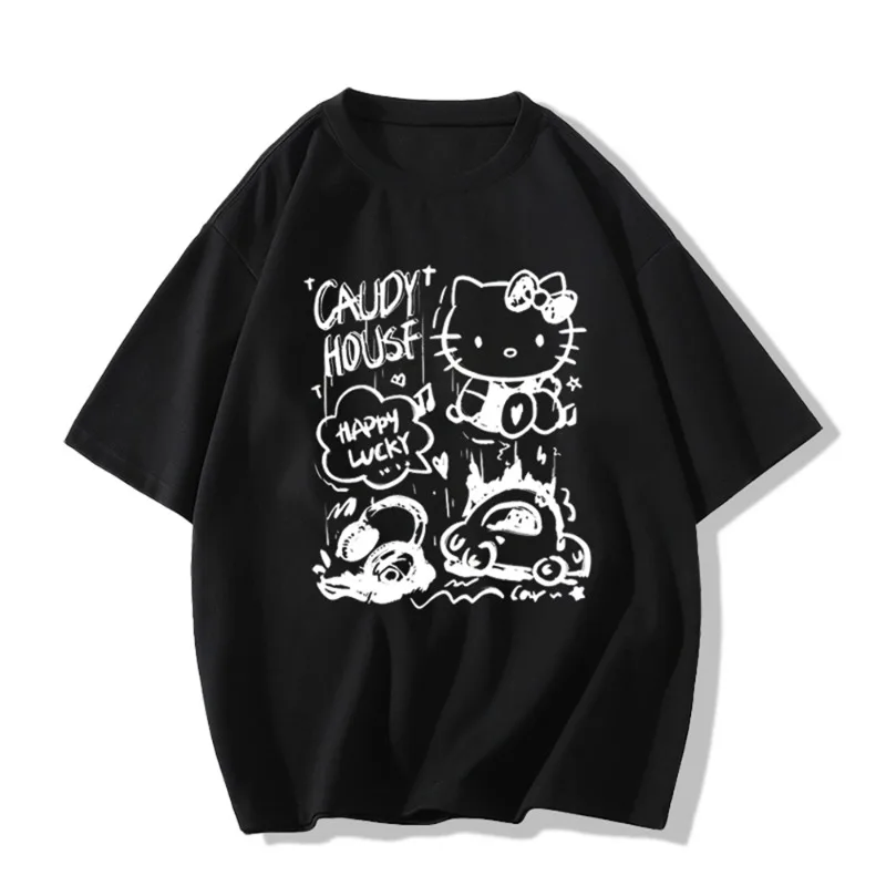 (Miniso) Camiseta con diseño de estampado de gato de Hello Kitty, versión holgada para mujer, ropa informal de verano para mujer, Top de manga corta Y2k de calle alta