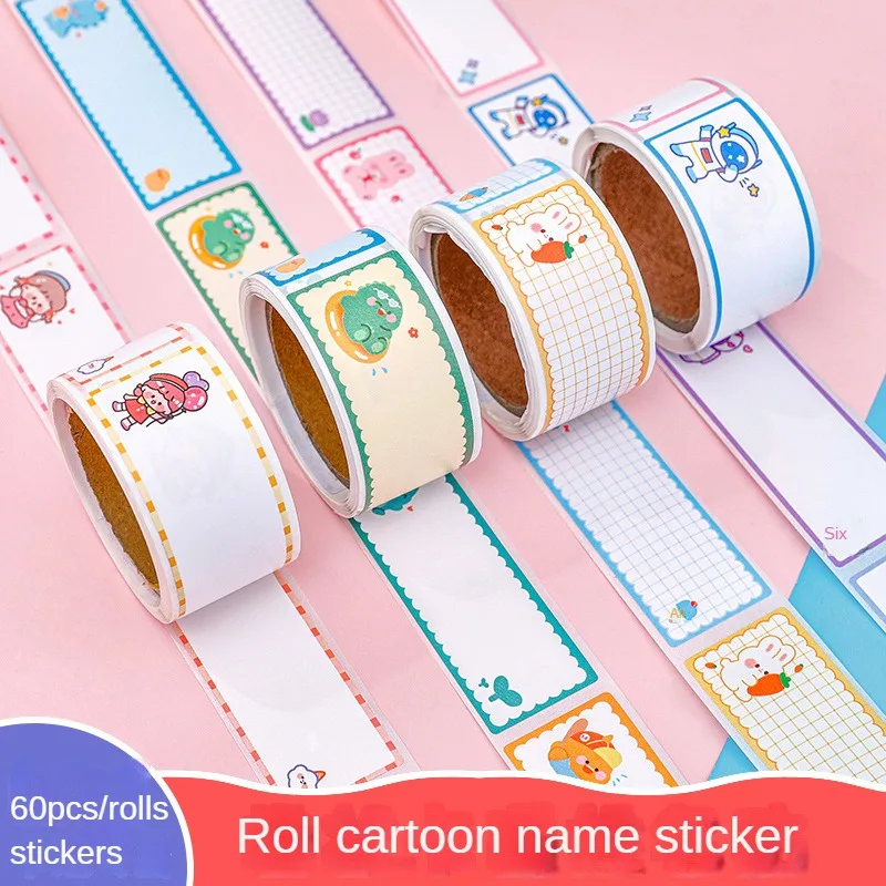 60 uds/rollo de pegatinas de etiquetas de nombre de cinta, papelería escolar para niños, botella de agua, etiquetas de índice de mensaje Kawaii, pegatina adhesiva para niños