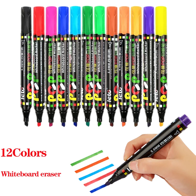 Bolígrafos de pizarra borrables de 12 colores, bolígrafo de cabeza gruesa, rotulador oblicuo para niños, profesores, oficina, escuela, estudiantes, aula, Sipplies