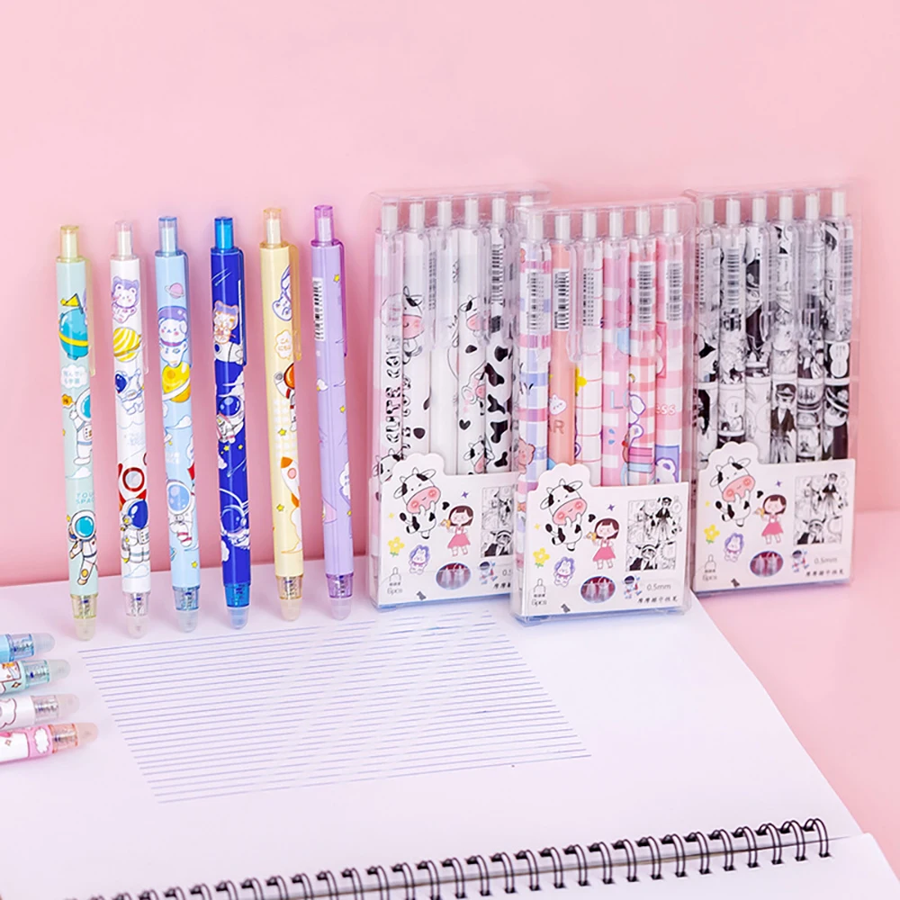 6 unids/set de bolígrafo de Gel borrable con prensa azul de 0,5mm con dibujos animados, bolígrafo fácil de borrar de fricción mágica, papelería creativa para escritura de estudiantes de escuela
