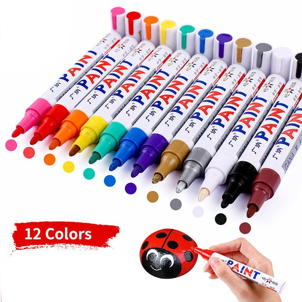 12 Uds. Bolígrafo de marca aceitosa para neumáticos de ruedas de coches a prueba de agua, bolígrafo de pintura permanente colorido para neumáticos de goma para automóvil, rotulador de pintura de retoque Graffiti