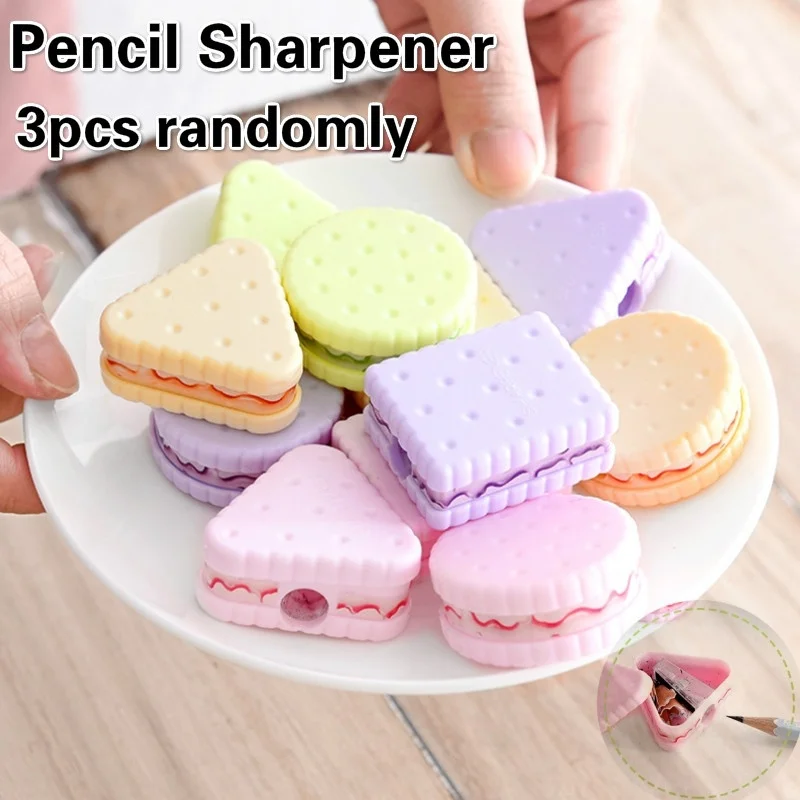 3 unids/lote creativo fresco y lindo sacapuntas de galleta sacapuntas de lápiz para niños papelería colores aleatorios