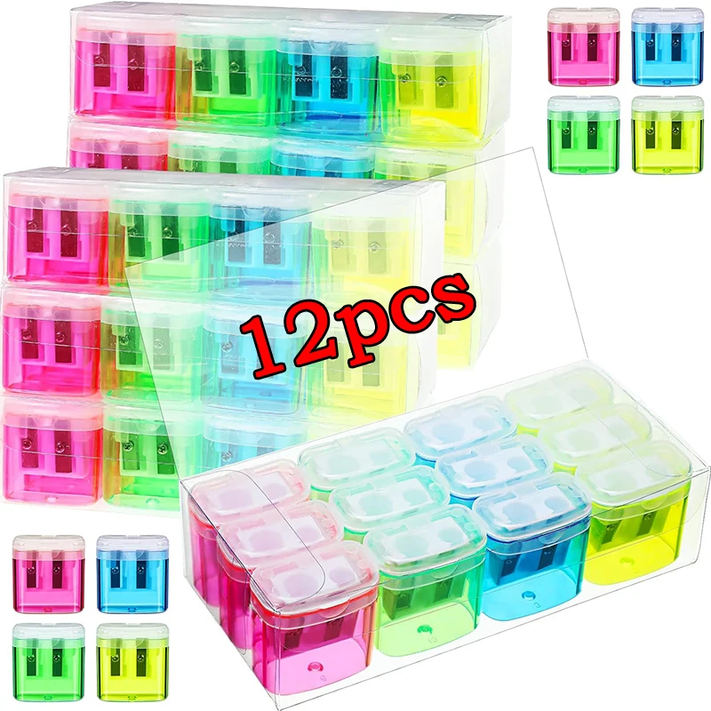 12 unids/caja sacapuntas Manual pequeño coloreado de mano sacapuntas de doble agujero con tapa 4 colores para útiles escolares para niños