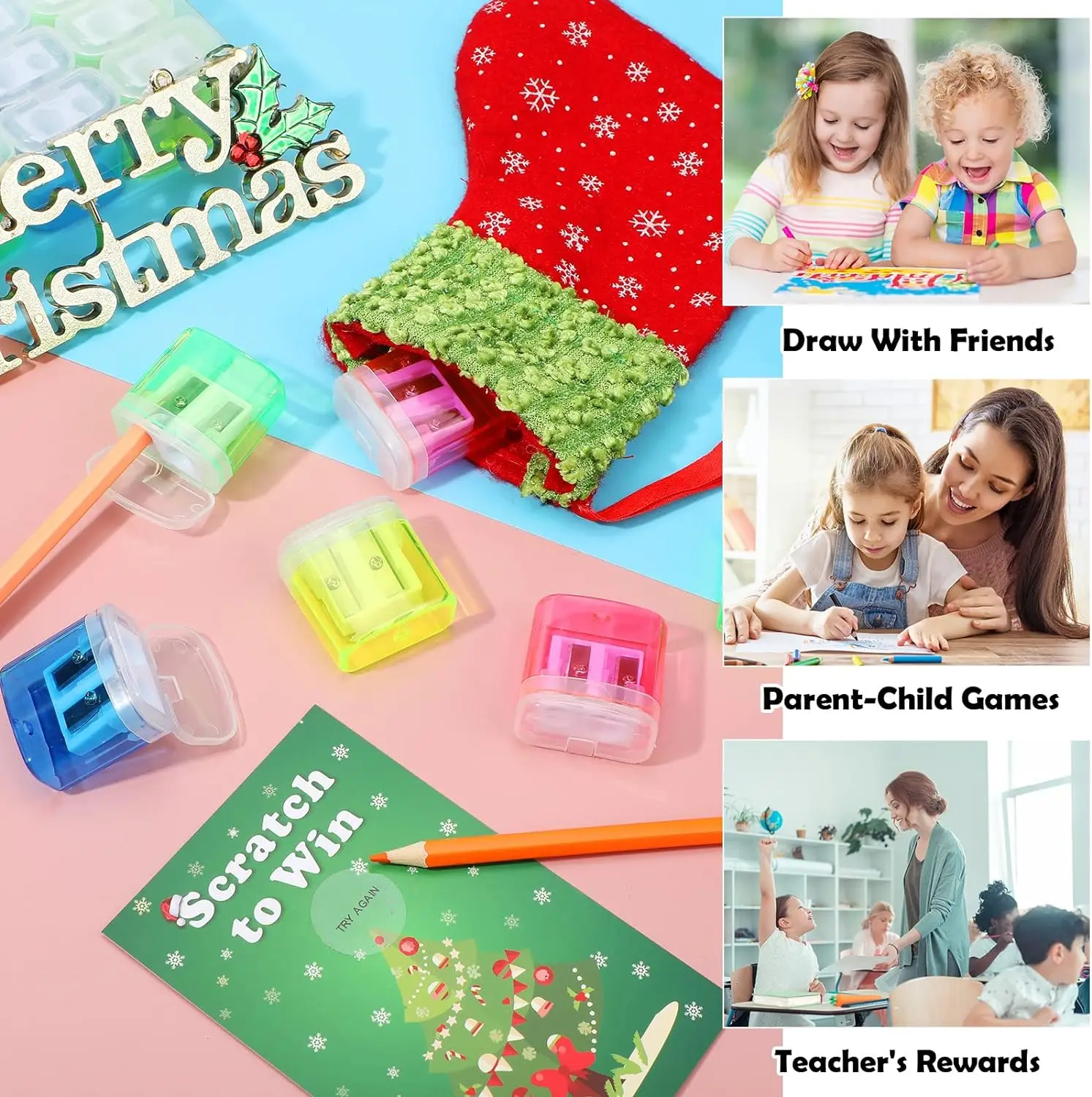 112698-lpkroq.jpg 12 unids/caja sacapuntas Manual pequeño coloreado de mano sacapuntas de doble agujero con tapa 4 colores para útiles escolares para niños